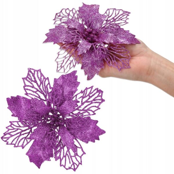 Set 10 ornamente pentru bradul de Craciun, stea Poinsettia, 16cm, violet - Image 7