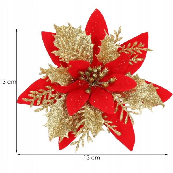 10 db-os karácsony Mikulásvirág dísz, 14cm, aranypiros - Image 7