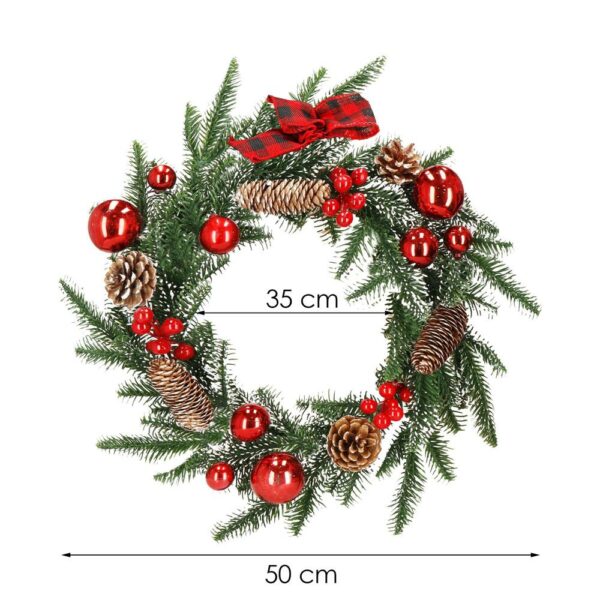Karácsonyi koszorú, 50 cm, 3D műfenyőből, tobozokkal, zöld - Image 8