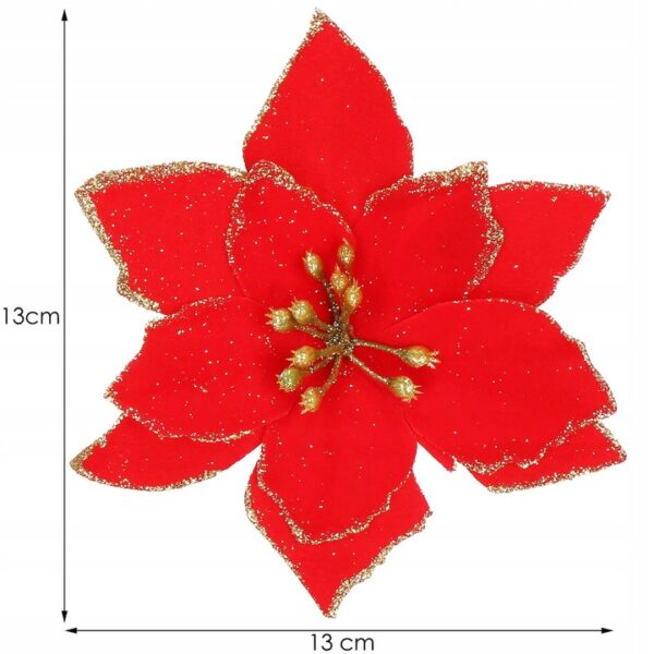 10 db-os karácsony Mikulásvirág dísz, 13cm, piros, csillámmal - Image 8