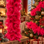 Füzér dekorációhoz vagy karácsonyfához, puffos és tollas modell, mélypiros, 180cm