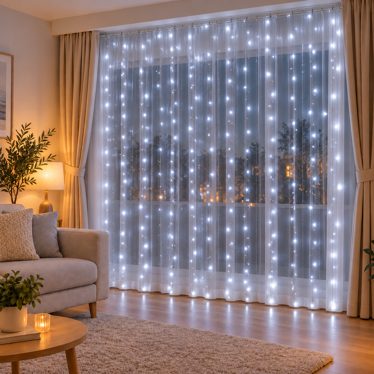 Fényfüggöny 200 LED, 2x2m, beltéri használatra, USB tápegység, fehér