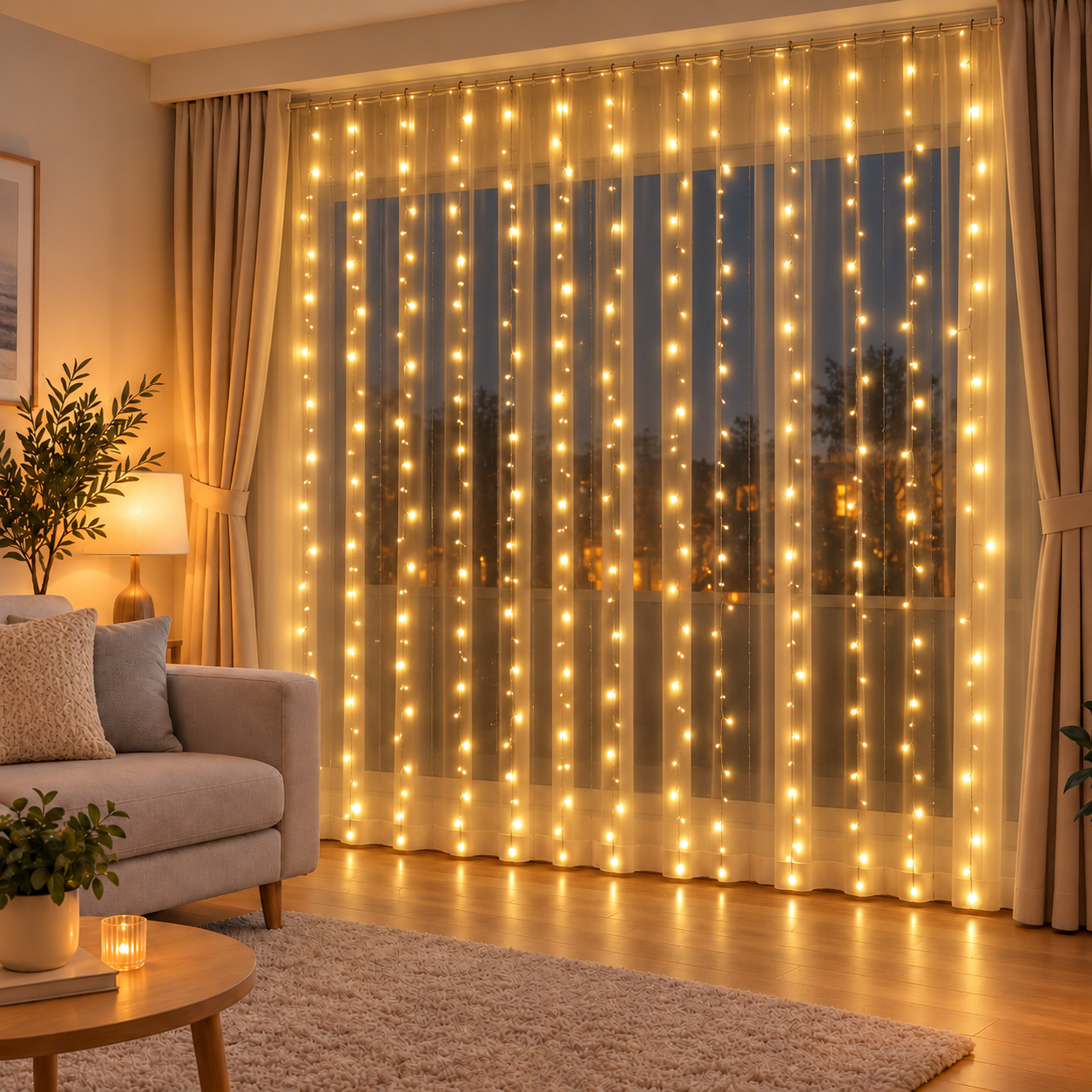 Fényfüggöny 300 LED, 3x3m, beltéri használatra, USB tápegység, meleg fehér (sárga)