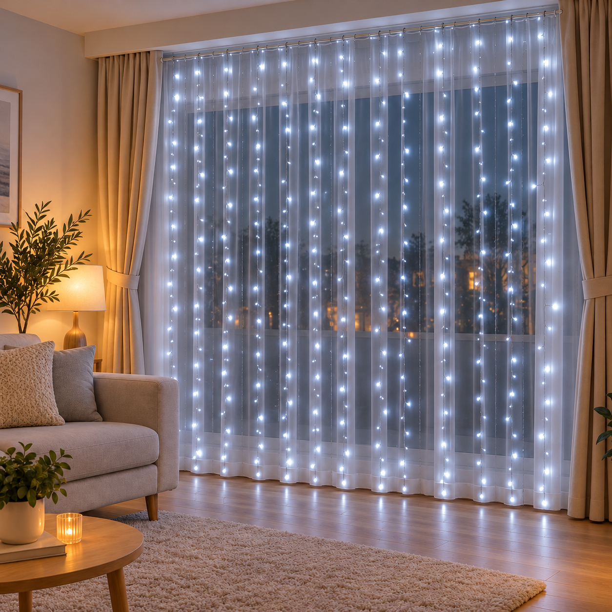 Fényfüggöny 300 LED, 3x3m, beltéri használatra, USB tápegység, fehér