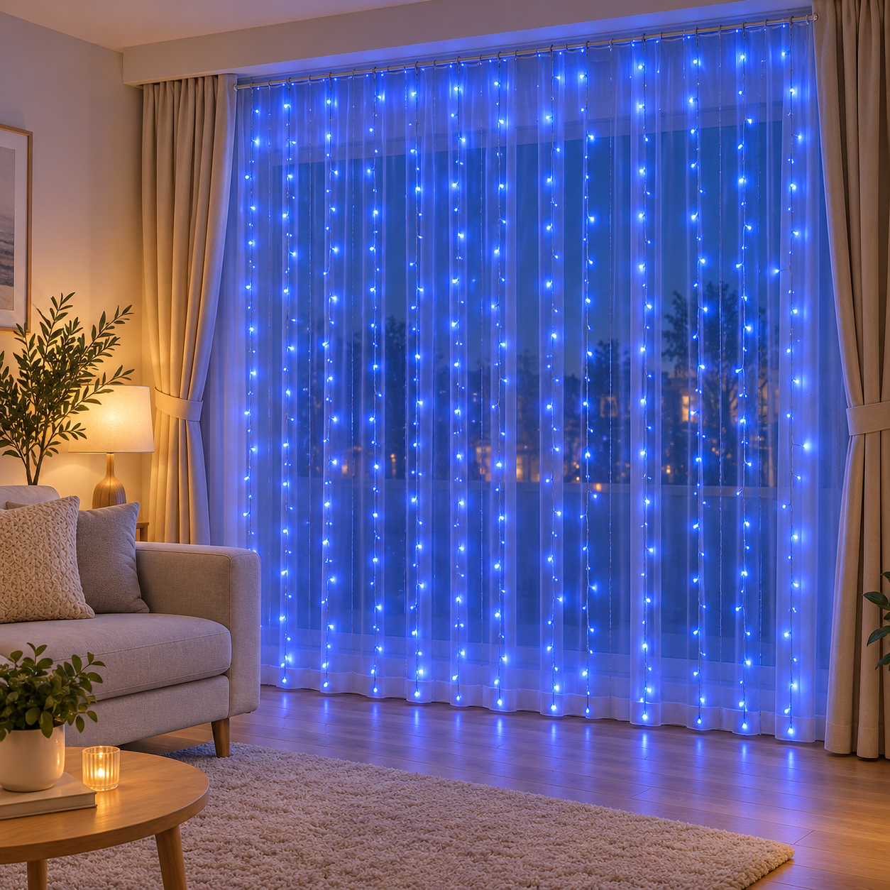 Függöny típusú lámpafüzér 300 LED, 3x3m, beltérre, USB táp, kék