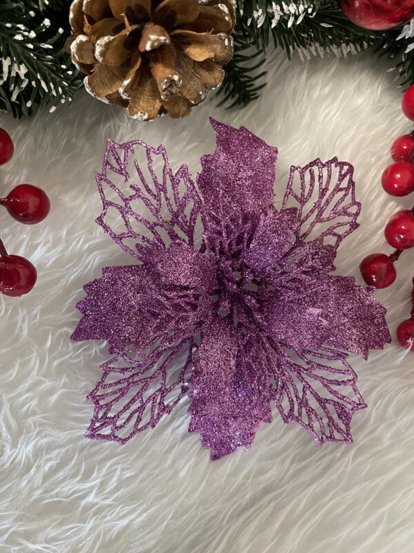 Set 10 ornamente pentru bradul de Craciun, stea Poinsettia, 16cm, violet - Image 9