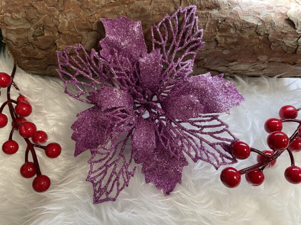 Set 10 ornamente pentru bradul de Craciun, stea Poinsettia, 16cm, violet - Image 10