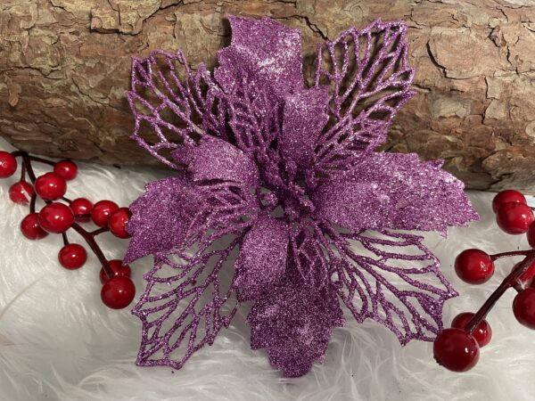 Set 10 ornamente pentru bradul de Craciun, stea Poinsettia, 16cm, violet - Image 11