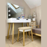 Set Masa de toaleta si machiaj cu taburet Scandinav, alba, cu oglinda si 2 sertare, 80x50x135 cm