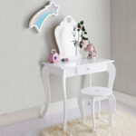 Gyerek fésülködőasztalkészlet Elza, fehér, tükörrel és zsámolyral, 71x50x108 cm