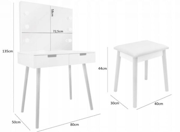 Set Masa de toaleta si machiaj cu taburet Scandinav, alba, cu oglinda si 2 sertare, 80x50x135 cm - Image 3