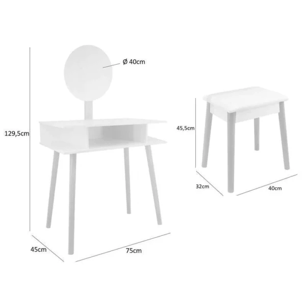 Öltöző és sminkasztal garnitúra skandináv székkel, fehér, tükörrel, 75x45x130 cm - Image 7