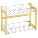 Suport organizator multifunctional cu 2 etaje, bambus si metal, 33x14x25cm