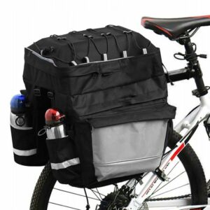 Geanta portbagaj bicicleta dubla, 8 buzunare laterale, 39x34x43cm, negru cu elemente reflectorizante gri, protectie impermeabila