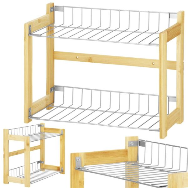 Suport organizator multifunctional cu 2 etaje, bambus si metal, 33x14x25cm - Image 10
