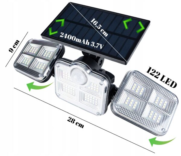 Moduláris napelemes LED projektor 3 lámpával, mozgásérzékelővel, 122 LED-del, távirányítóval - Image 10