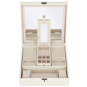 (DL) Cutie depozitare si organizare bijuterii, MDF, piele ecologica, 25 x 25 x 8,5cm, crem deschis