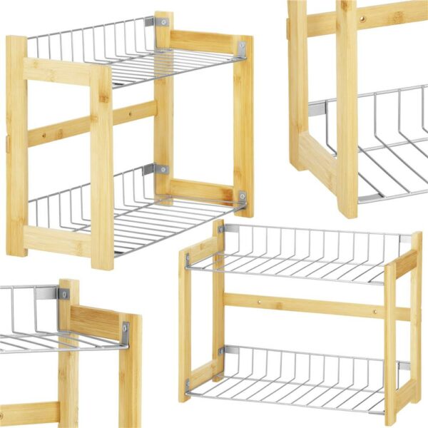 Suport organizator multifunctional cu 2 etaje, bambus si metal, 33x14x25cm - Image 11