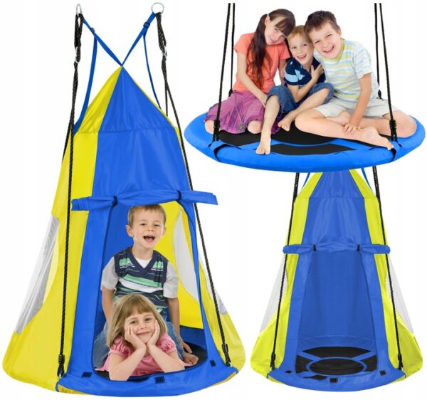 Leagan tip cuib Sersimo, 90cm, 2 in 1 cu cort de protectie, 100 kg, Albastru Galben - Image 9