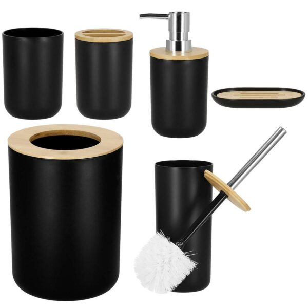 Kerek műanyag fürdőszobai kiegészítők készlet bambusz elemekkel, 6 db, fekete - Image 7