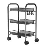 Kocsi típusú mobil fém polc a konyhába, 3 polccal és 4 akasztóval, fekete, 44x26x64cm