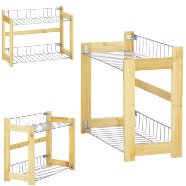 Suport organizator multifunctional cu 2 etaje, bambus si metal, 33x14x25cm - Image 13