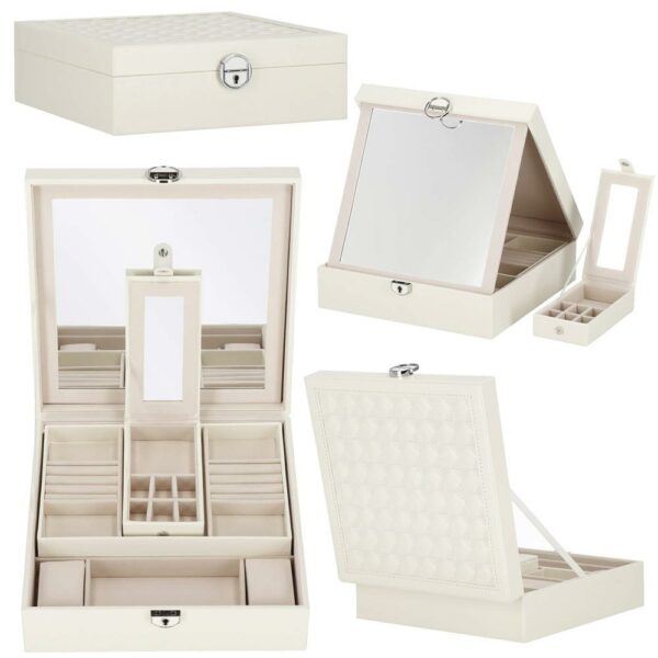 (DL) Cutie depozitare si organizare bijuterii, MDF, piele ecologica, 25 x 25 x 8,5cm, crem deschis - Image 14