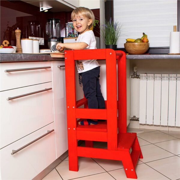 (DL) Turn de invatare inaltator multifunctional de bucatarie din lemn, ajustabil, rosu - Image 14