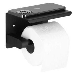 Acél WC-papír tartó tárolópolccal, öntapadós rögzítés, 14cm, fekete
