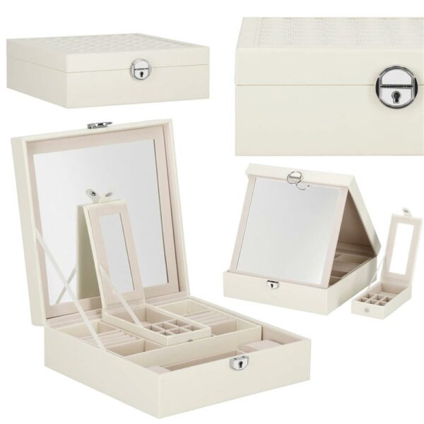(DL) Cutie depozitare si organizare bijuterii, MDF, piele ecologica, 25 x 25 x 8,5cm, crem deschis - Image 15
