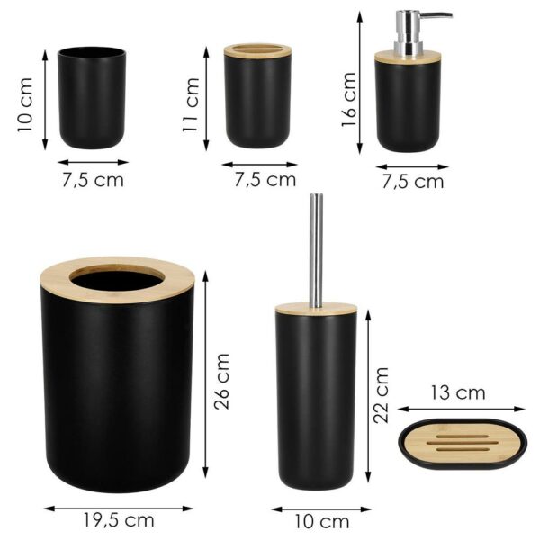 Kerek műanyag fürdőszobai kiegészítők készlet bambusz elemekkel, 6 db, fekete - Image 3