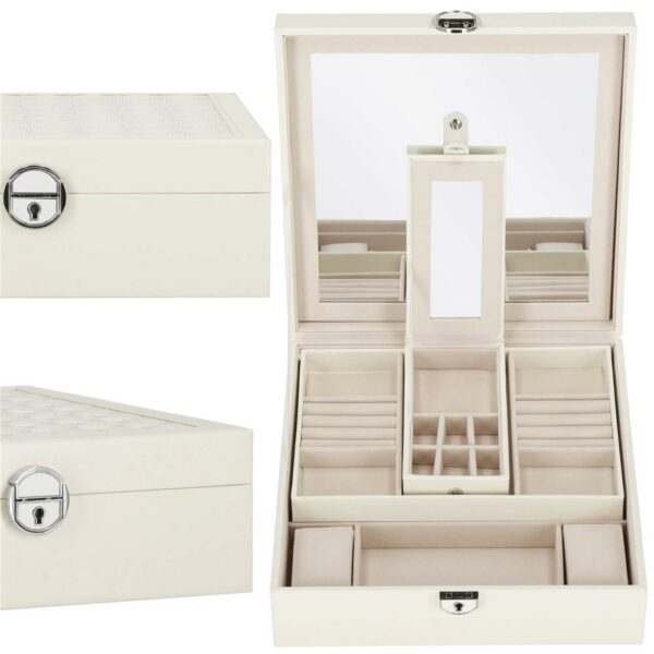 (DL) Cutie depozitare si organizare bijuterii, MDF, piele ecologica, 25 x 25 x 8,5cm, crem deschis - Image 16