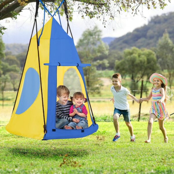 Leagan tip cuib Sersimo, 90cm, 2 in 1 cu cort de protectie, 100 kg, Albastru Galben - Image 13