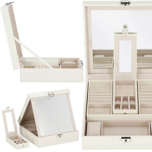 (DL) Cutie depozitare si organizare bijuterii, MDF, piele ecologica, 25 x 25 x 8,5cm, crem deschis - Image 17