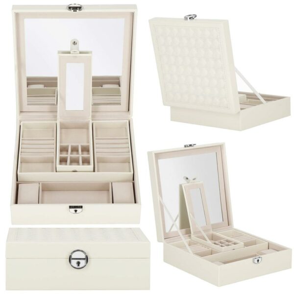 (DL) Cutie depozitare si organizare bijuterii, MDF, piele ecologica, 25 x 25 x 8,5cm, crem deschis - Image 18
