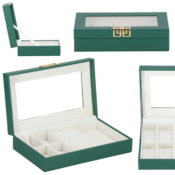 (DL) Cutie depozitare si organizare bijuterii, MDF, piele ecologica, 23,5 x 14 x 5,5cm, verde sticla - Image 2