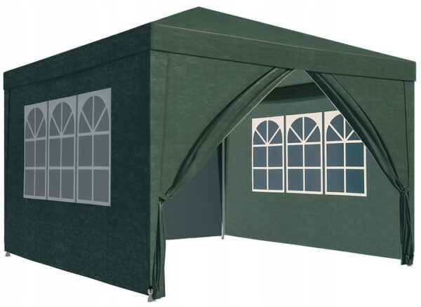 Kerti pavilonsátor, 300x300 cm, 4 oldalfallal ablakos, vízálló, UV-álló, zöld - Image 2