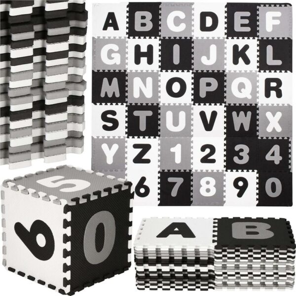 Habszivacs matrac gyerekeknek, ábécé és szám puzzle típusú, 110 db, hőszigetelő, 175x175 cm, fekete, szürke - Image 13