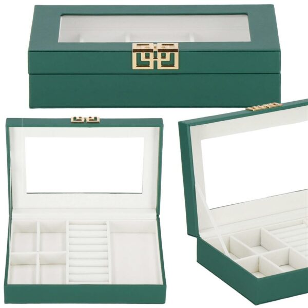 (DL) Cutie depozitare si organizare bijuterii, MDF, piele ecologica, 23,5 x 14 x 5,5cm, verde sticla - Image 21