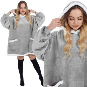 Patura tip hanorac, cu maneci, gluga si buzunare, material plus, marime universala, gri