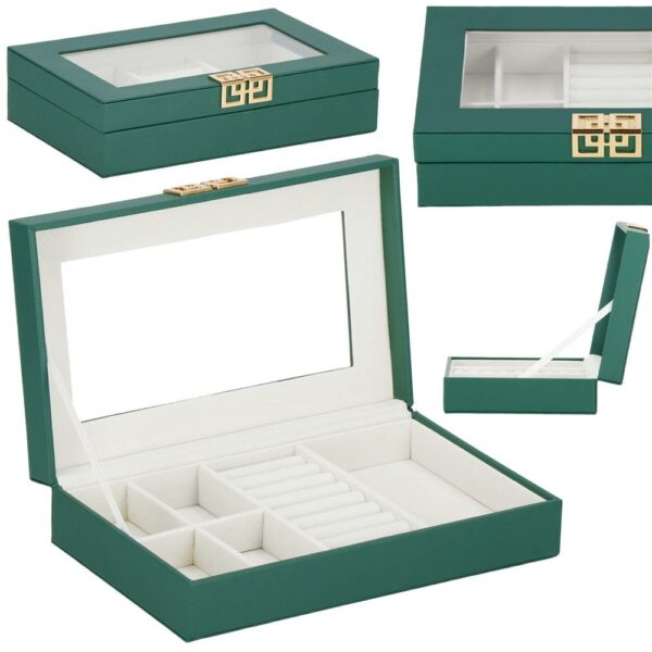 (DL) Cutie depozitare si organizare bijuterii, MDF, piele ecologica, 23,5 x 14 x 5,5cm, verde sticla - Image 22