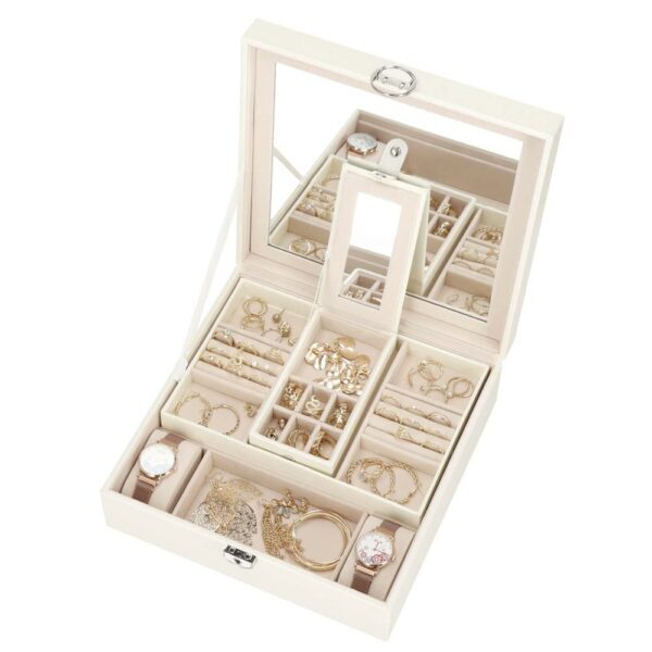 (DL) Cutie depozitare si organizare bijuterii, MDF, piele ecologica, 25 x 25 x 8,5cm, crem deschis - Image 25