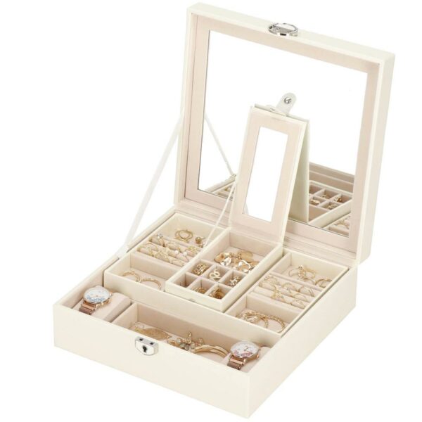 (DL) Cutie depozitare si organizare bijuterii, MDF, piele ecologica, 25 x 25 x 8,5cm, crem deschis - Image 26
