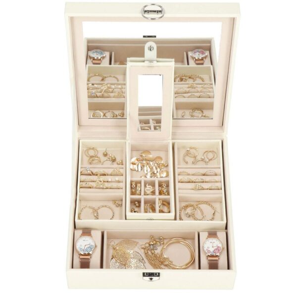 (DL) Cutie depozitare si organizare bijuterii, MDF, piele ecologica, 25 x 25 x 8,5cm, crem deschis - Image 29