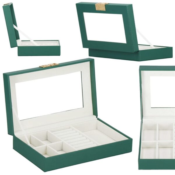 (DL) Cutie depozitare si organizare bijuterii, MDF, piele ecologica, 23,5 x 14 x 5,5cm, verde sticla - Image 3
