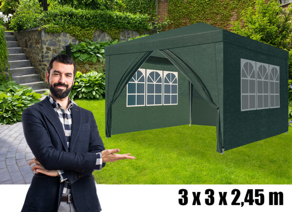 Kerti pavilonsátor, 300x300 cm, 4 oldalfallal ablakos, vízálló, UV-álló, zöld - Image 3