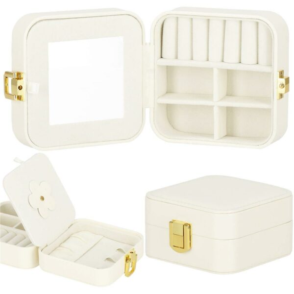 (DL) Cutie depozitare si organizare bijuterii, MDF, piele ecologica, 10 x 10 x 5cm, crem - Image 3