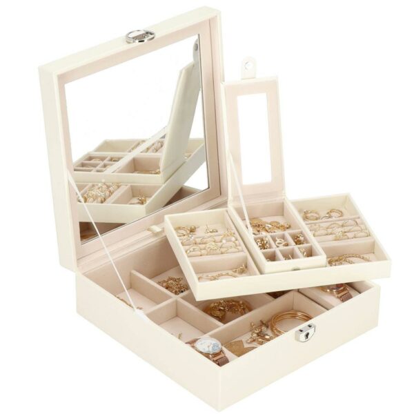 (DL) Cutie depozitare si organizare bijuterii, MDF, piele ecologica, 25 x 25 x 8,5cm, crem deschis - Image 30