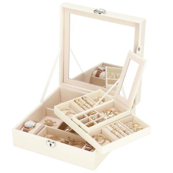(DL) Cutie depozitare si organizare bijuterii, MDF, piele ecologica, 25 x 25 x 8,5cm, crem deschis - Image 31