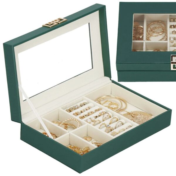 (DL) Cutie depozitare si organizare bijuterii, MDF, piele ecologica, 23,5 x 14 x 5,5cm, verde sticla - Image 30